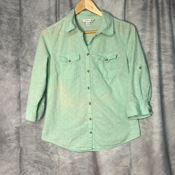 Croft & Barrow Mint Green Eyelet Button Down 3/4 Sleeve Blouse - size XS - Picture 9 of 13